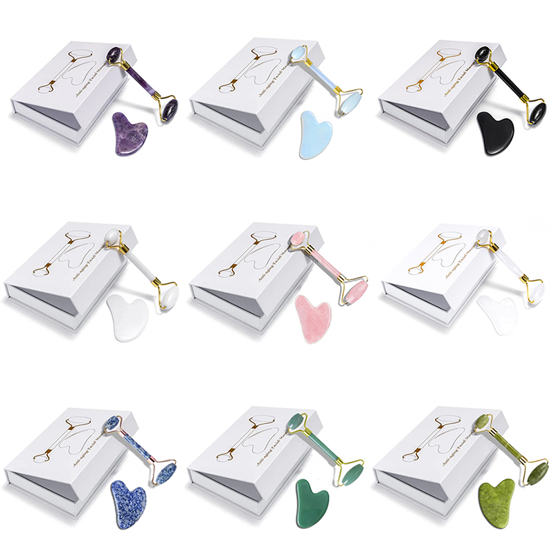 Gua Sha Tool Rose Quartz - Rosenquarz Natürlicher Jade-Roller Massagegerät Guasha-Set Obsidian